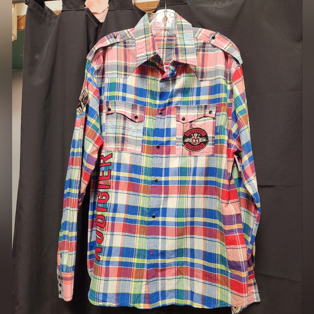 Christian Audigier NWOT XL graphic print n plaid snaps shirt with patches